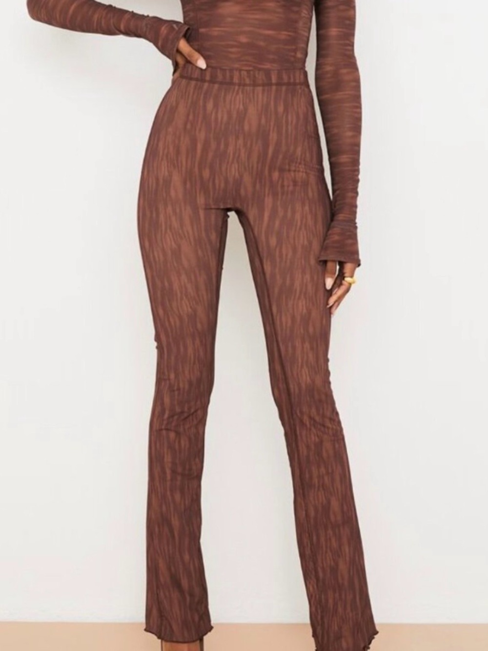 House of CB Erin Chocolate Print Mesh Flared  Trousers